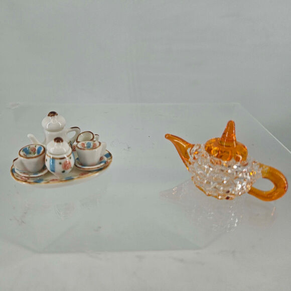 Vintage Dollhouse Curio Display Cabinet China Hutch Wood w tea set glass teapot - Picture 7 of 8